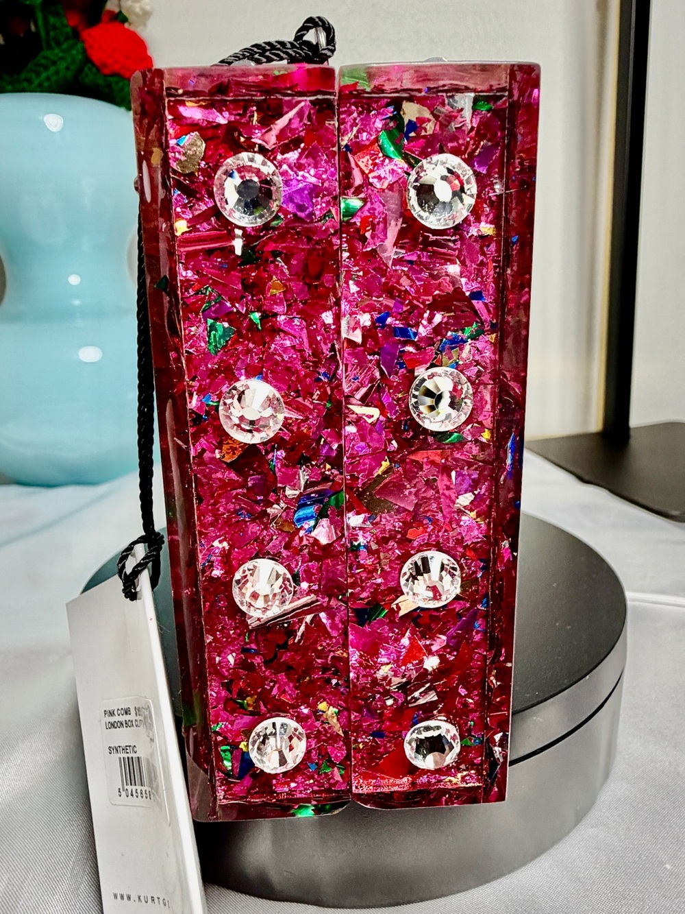 Kurt Geiger Hot Pink Glitter London Sticker Box Clutch NWT - Picture 6 of 10
